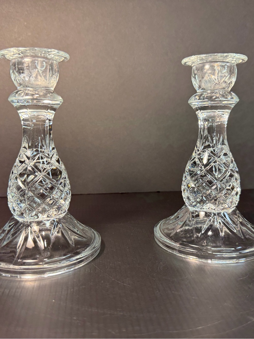 Vintage Indiana Glass "Cambridge" Clear Cut Crystal Pineapple Taper Holder Pair2